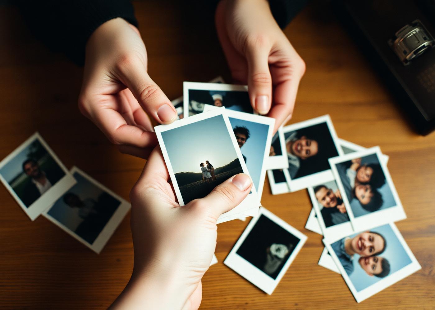 Polaroid prints and film negatives arranged on a wooden table